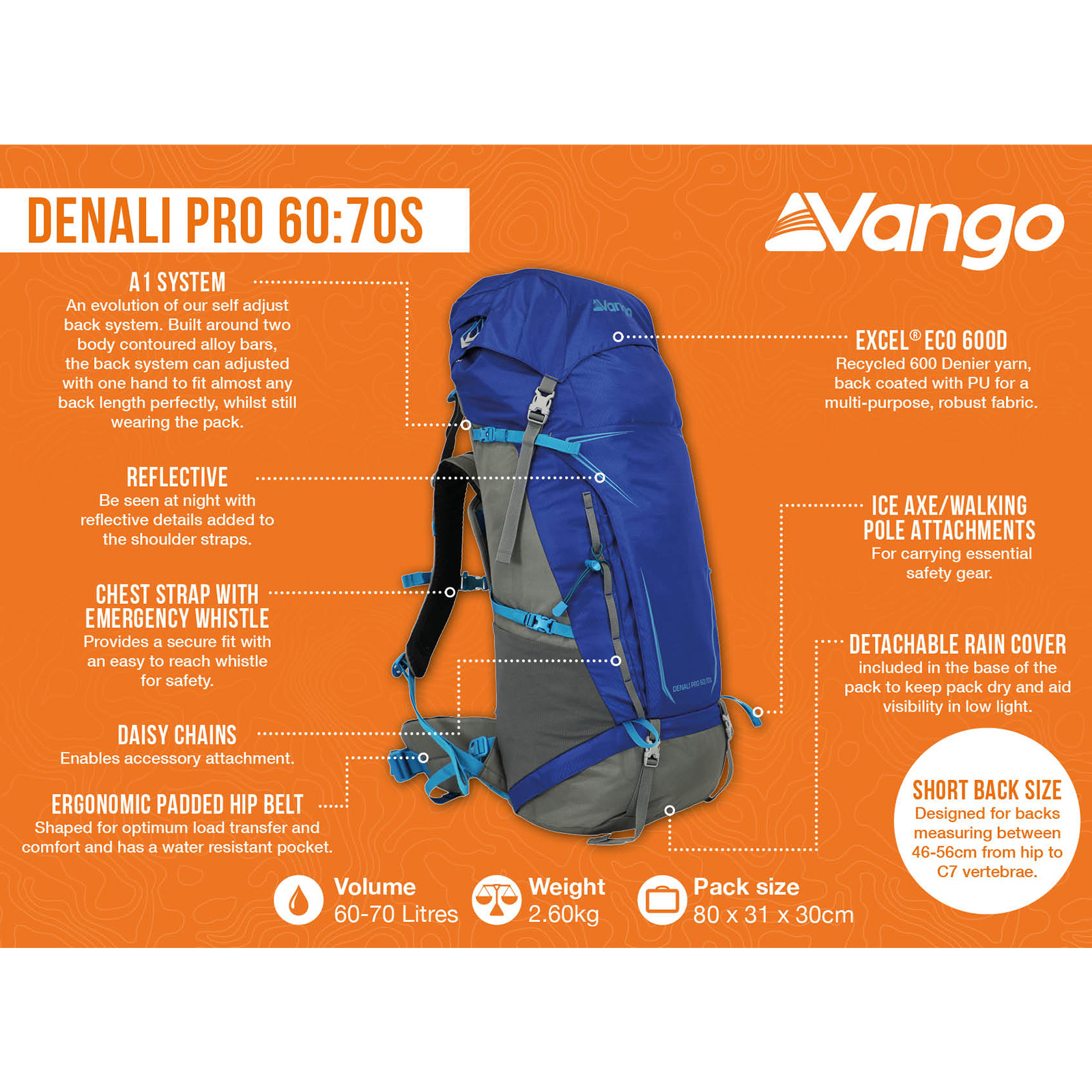 VANGO Trekkingrucksack Denali Pro S 60:70 L Outdoor Wander Rucksack Regenschutz - Bild 24 von 33